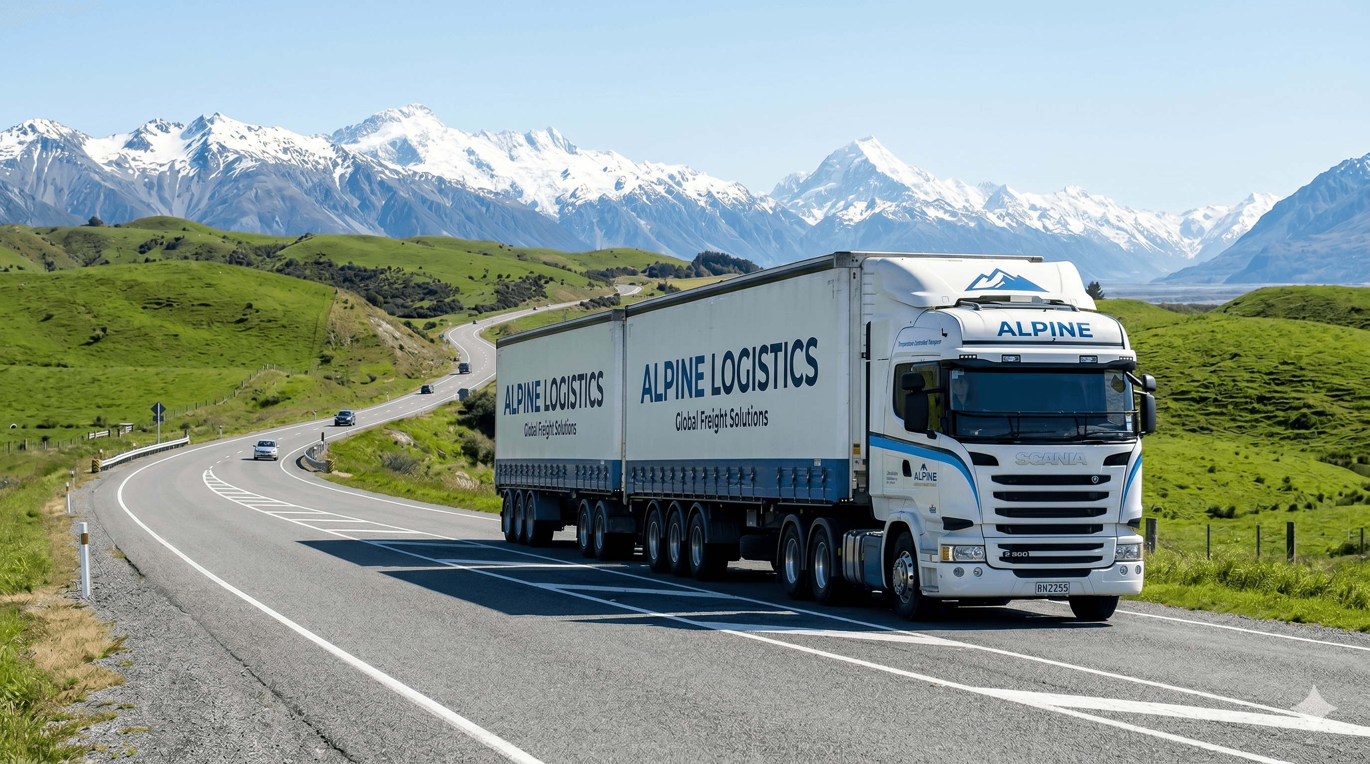 Articulated truck on New Zealand highway with Southern Alps backdrop