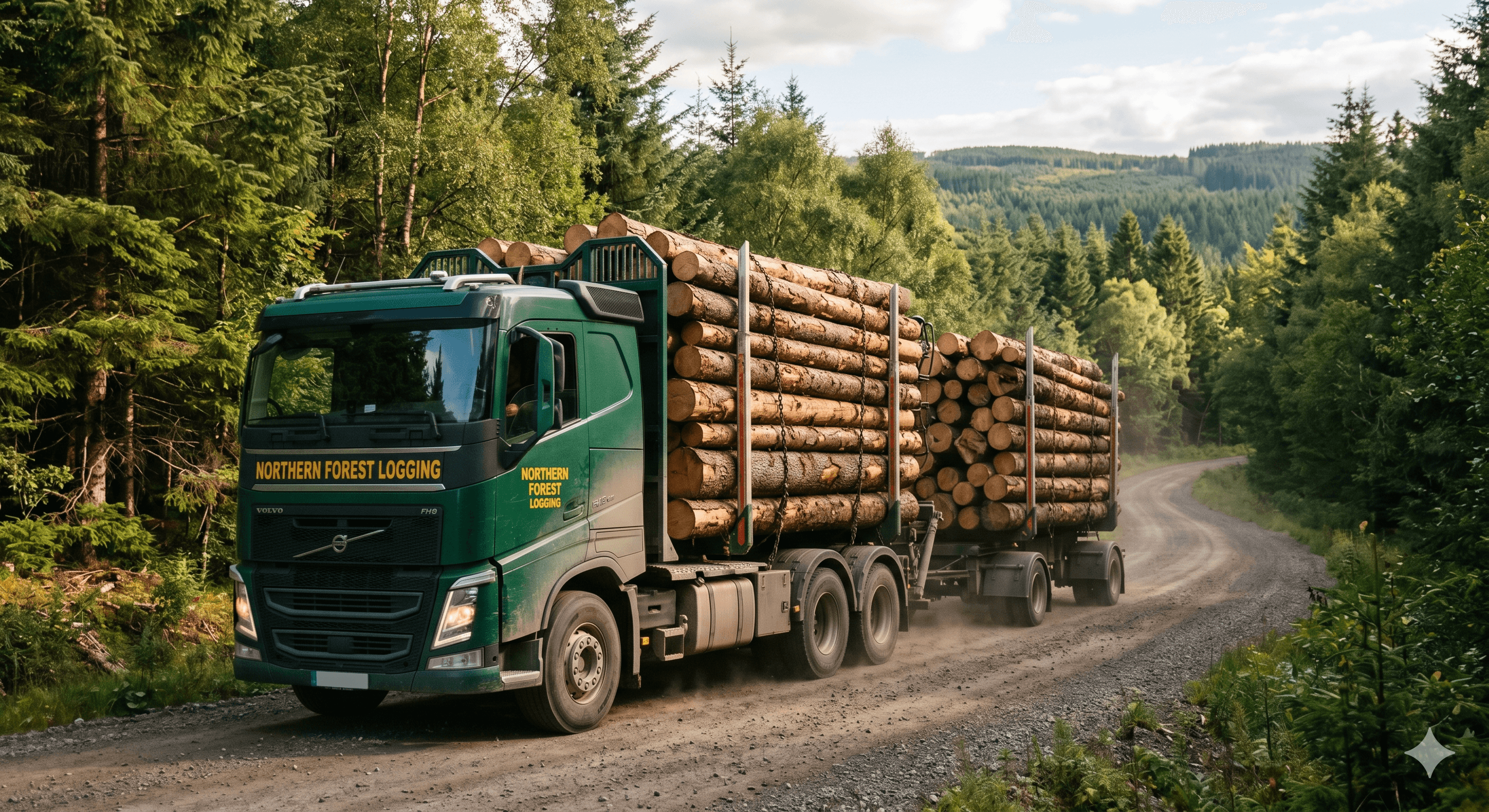 Logging truck carrying timber on forest road